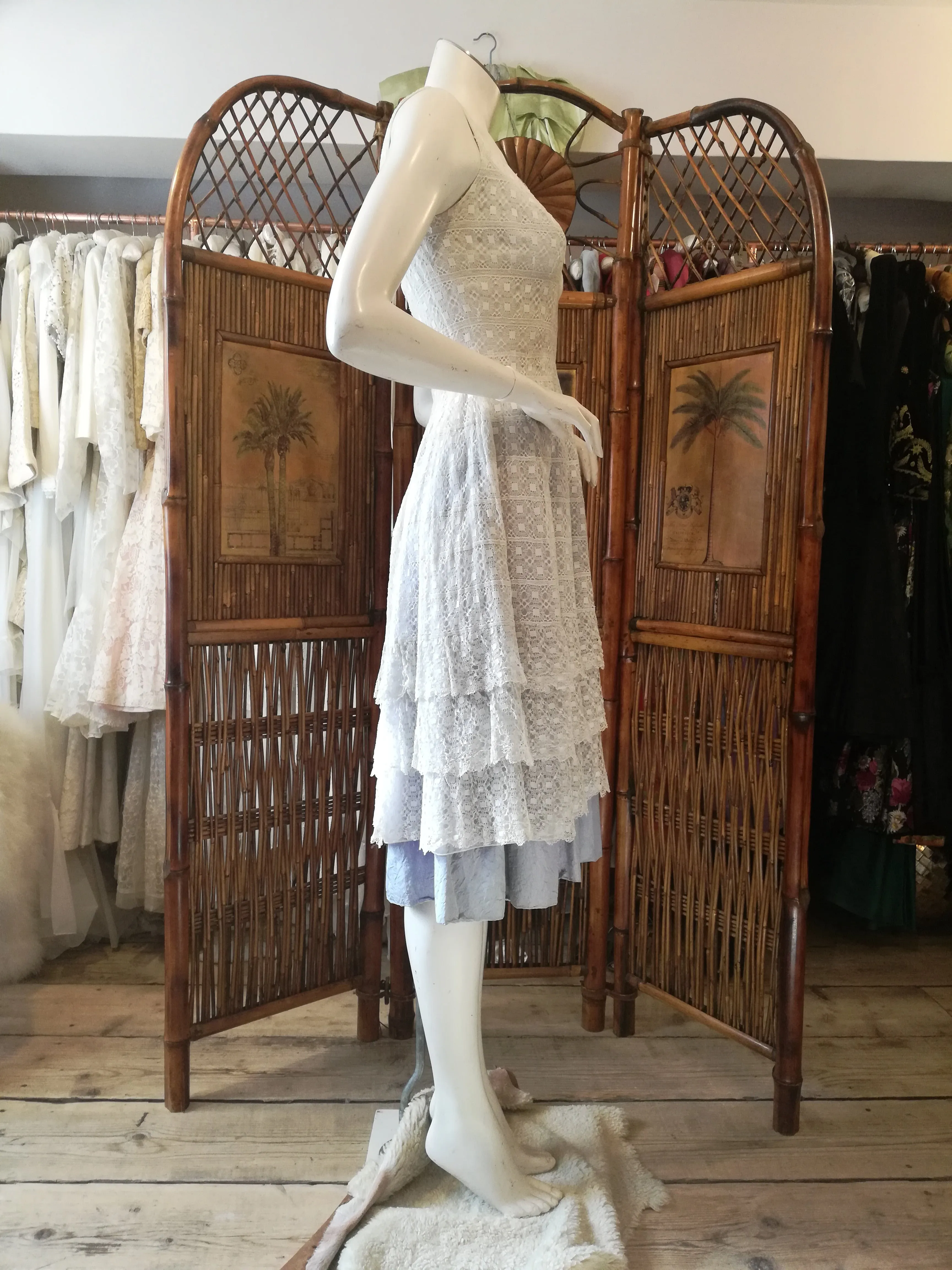 1950's White lace over blue taffeta dress