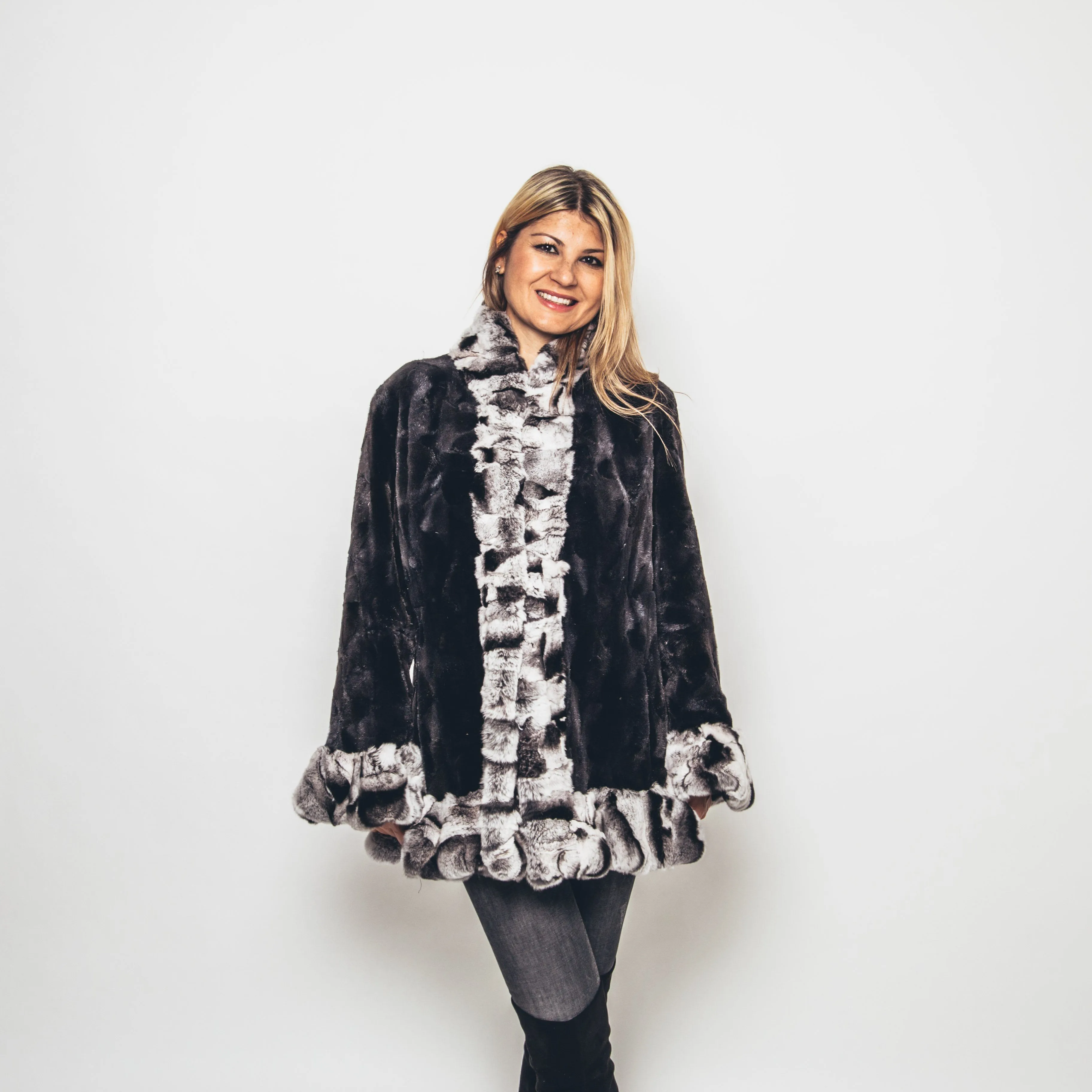 73 | Sheared Mink Sections Jacket / Rex Rabbit Trim