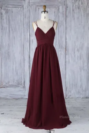 A Line V Neck Burgundy Chiffon Long Prom Dress with Lace Back, V Neck Lace Back Burgundy Formal Graduation Evening Dress