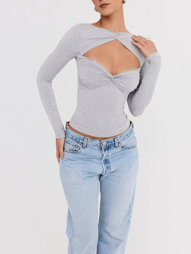 A&A Gray Twist Front Long Sleeve Top