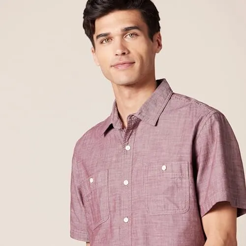 Amazon Essentials Men's Short-Sleeve Chambray Shirt, Burgundy, X-Small