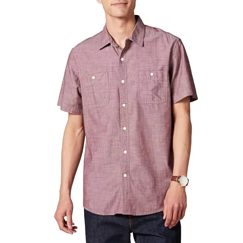 Amazon Essentials Men's Short-Sleeve Chambray Shirt, Burgundy, X-Small