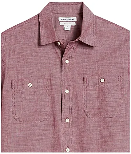 Amazon Essentials Men's Short-Sleeve Chambray Shirt, Burgundy, X-Small