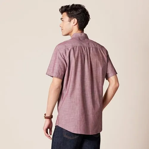 Amazon Essentials Men's Short-Sleeve Chambray Shirt, Burgundy, X-Small