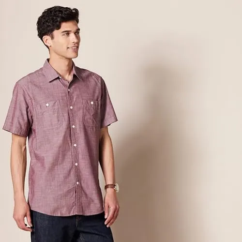 Amazon Essentials Men's Short-Sleeve Chambray Shirt, Burgundy, X-Small