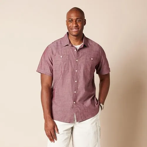 Amazon Essentials Men's Short-Sleeve Chambray Shirt, Burgundy, X-Small