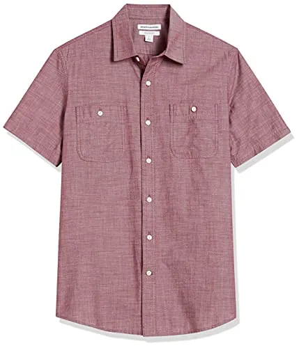 Amazon Essentials Men's Short-Sleeve Chambray Shirt, Burgundy, X-Small