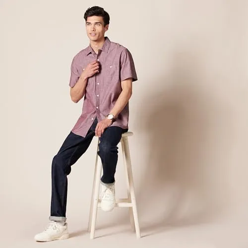 Amazon Essentials Men's Short-Sleeve Chambray Shirt, Burgundy, X-Small