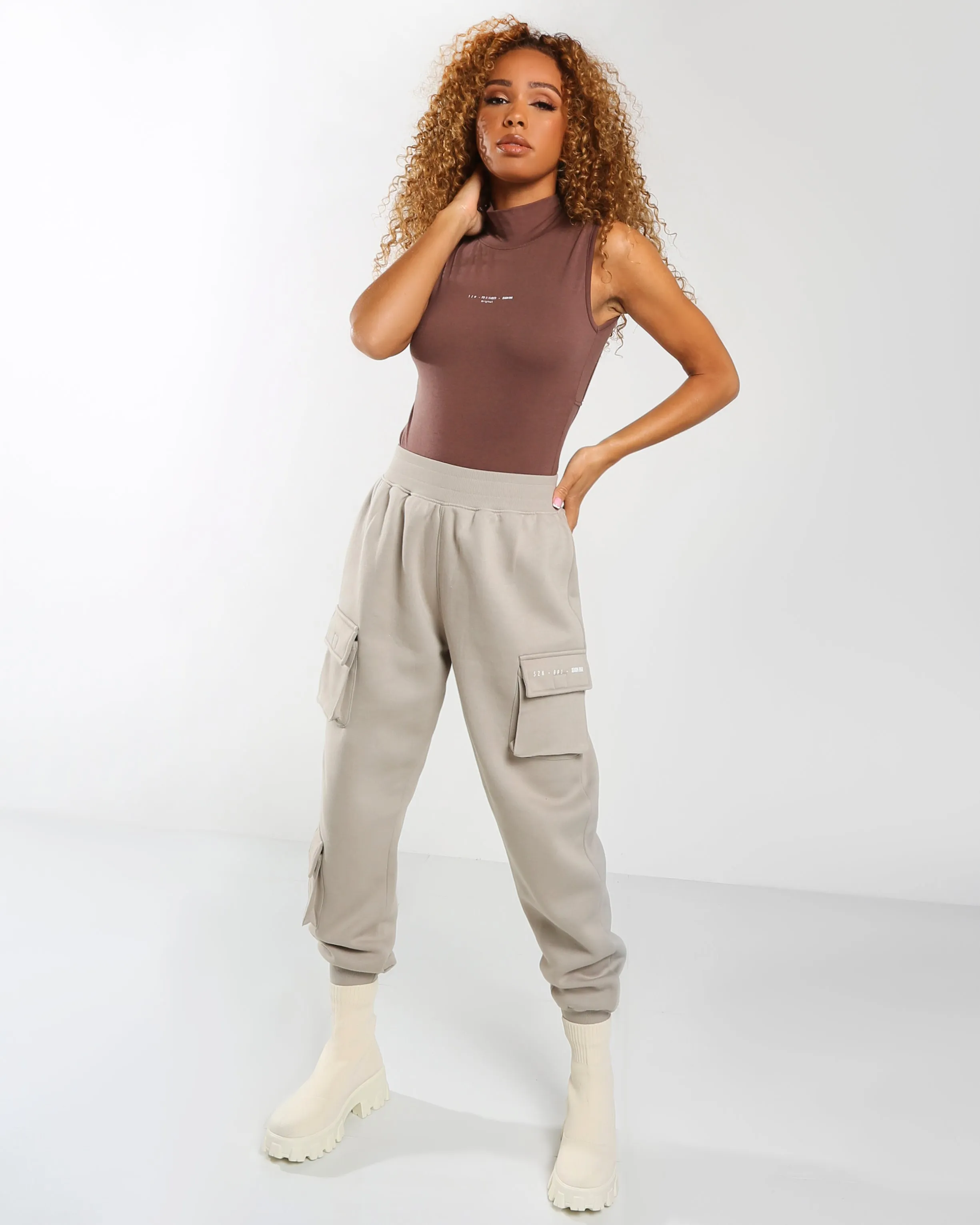 Amber x Public Desire high neck open back motif body in chocolate