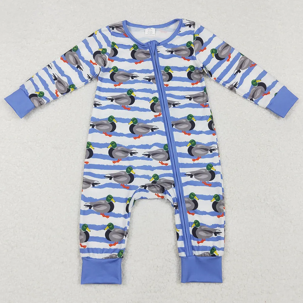 Baby Infant Boys Rompers Fall Stripes Ducks Bamboo Zip Rompers preorder LR1645