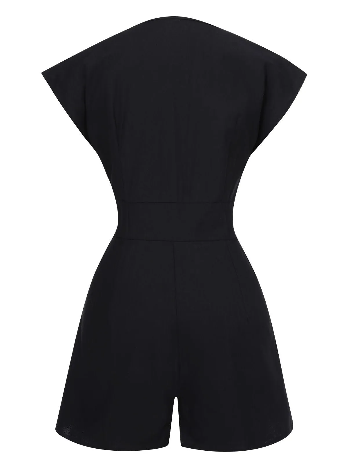 Black 1940s Solid Button Cap V-Neck Romper