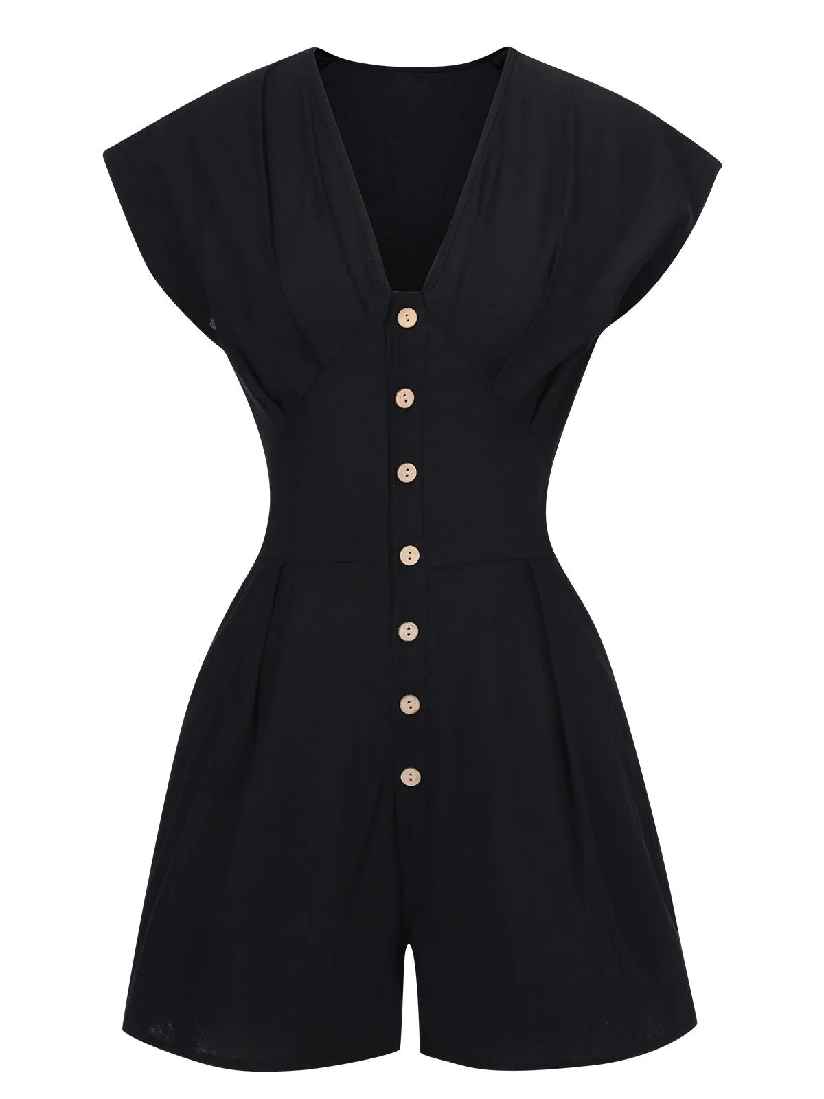 Black 1940s Solid Button Cap V-Neck Romper