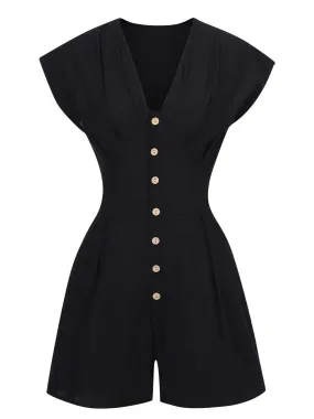 Black 1940s Solid Button Cap V-Neck Romper