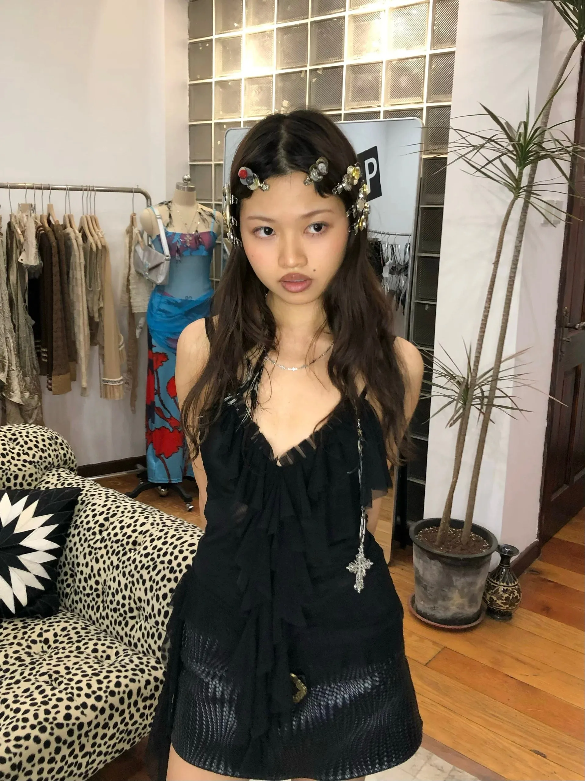 Black flowing mesh ruffle top