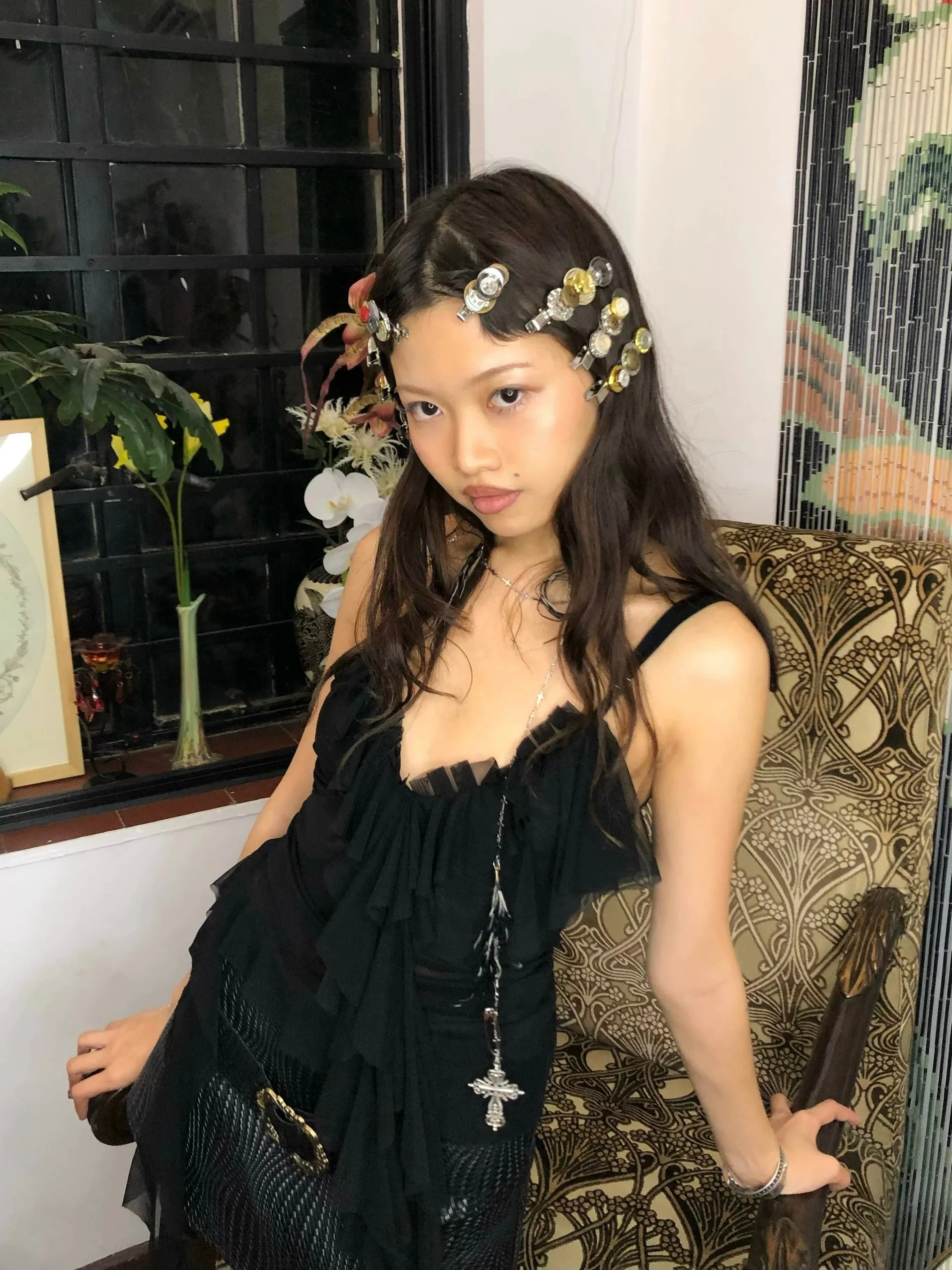 Black flowing mesh ruffle top
