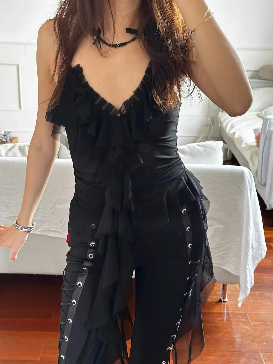 Black flowing mesh ruffle top