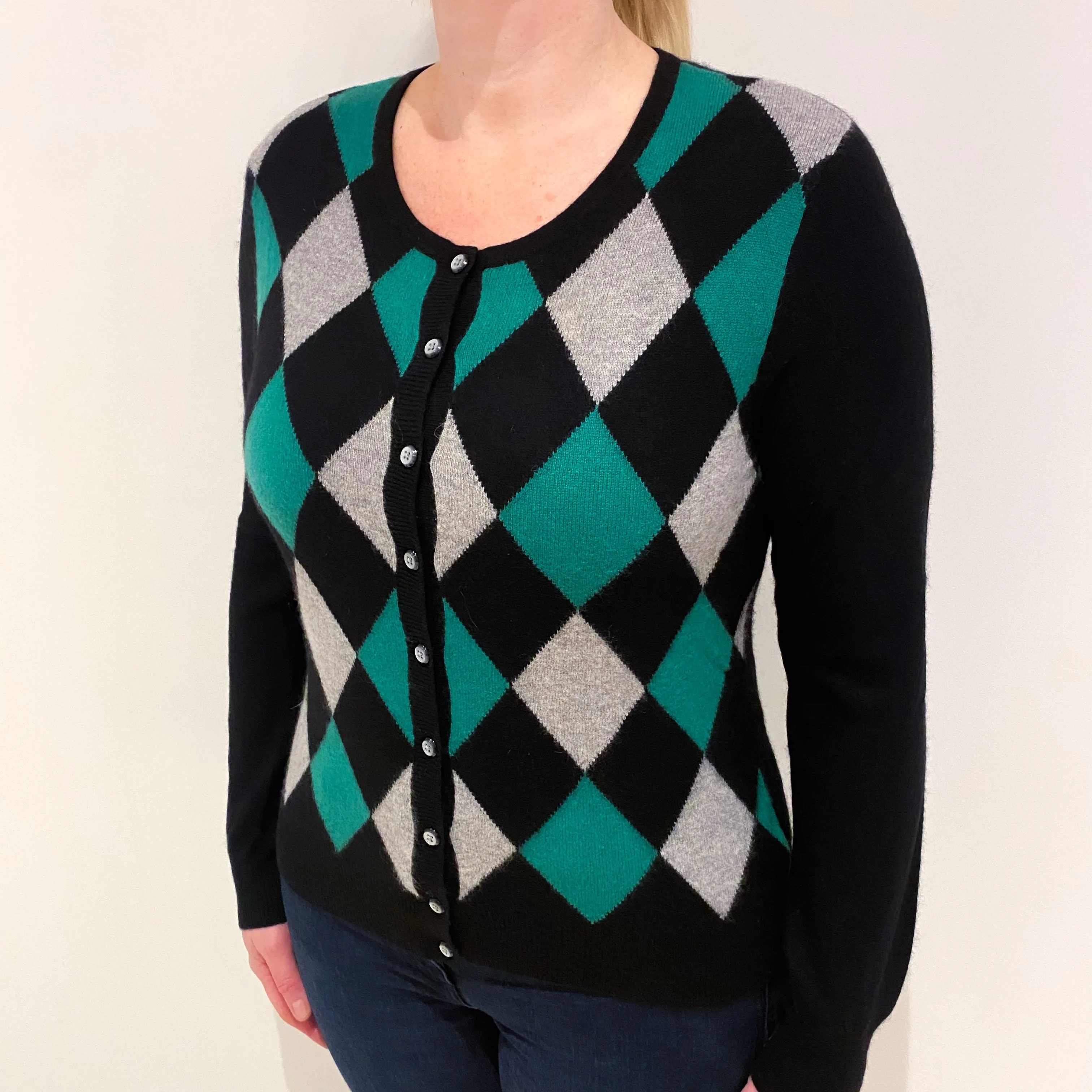 Black Green Diamond Cashmere Crew Neck Cardigan Large