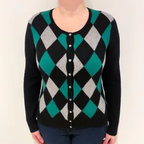 Black Green Diamond Cashmere Crew Neck Cardigan Large