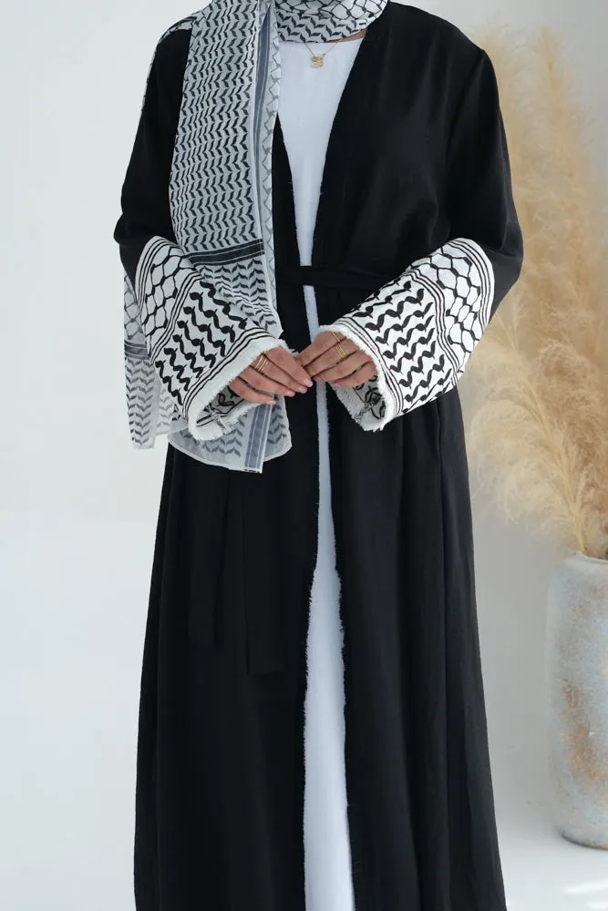 Black Keffiyeh Inspired Abaya with contrast embroidered sleeves and detachable belt