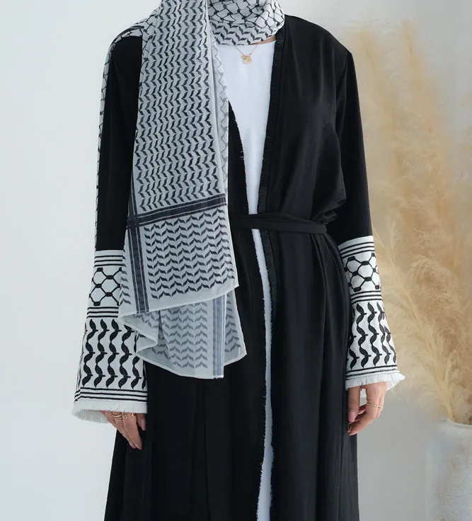 Black Keffiyeh Inspired Abaya with contrast embroidered sleeves and detachable belt