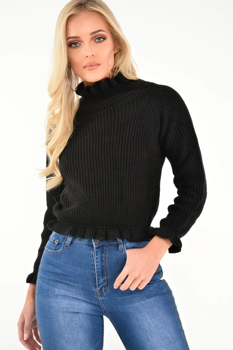 Black Knitted Ruffle Jumper with Elasticated hems - Eve