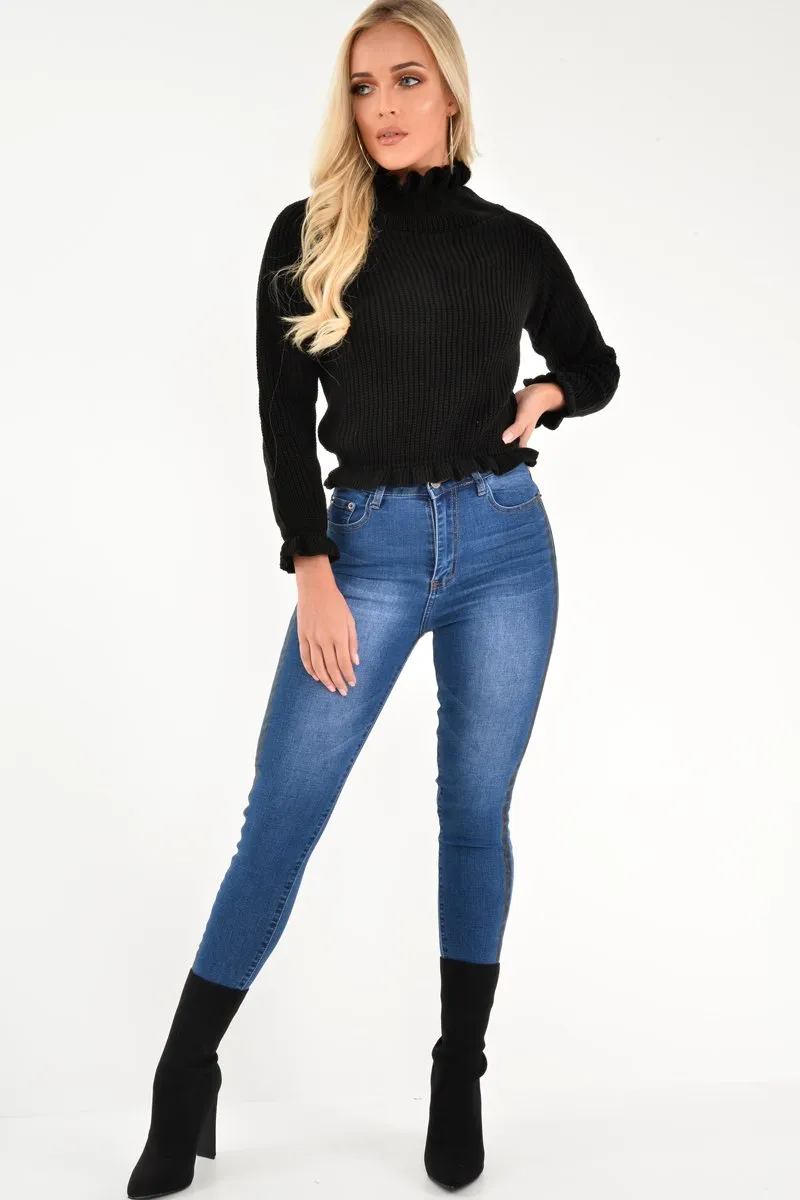 Black Knitted Ruffle Jumper with Elasticated hems - Eve