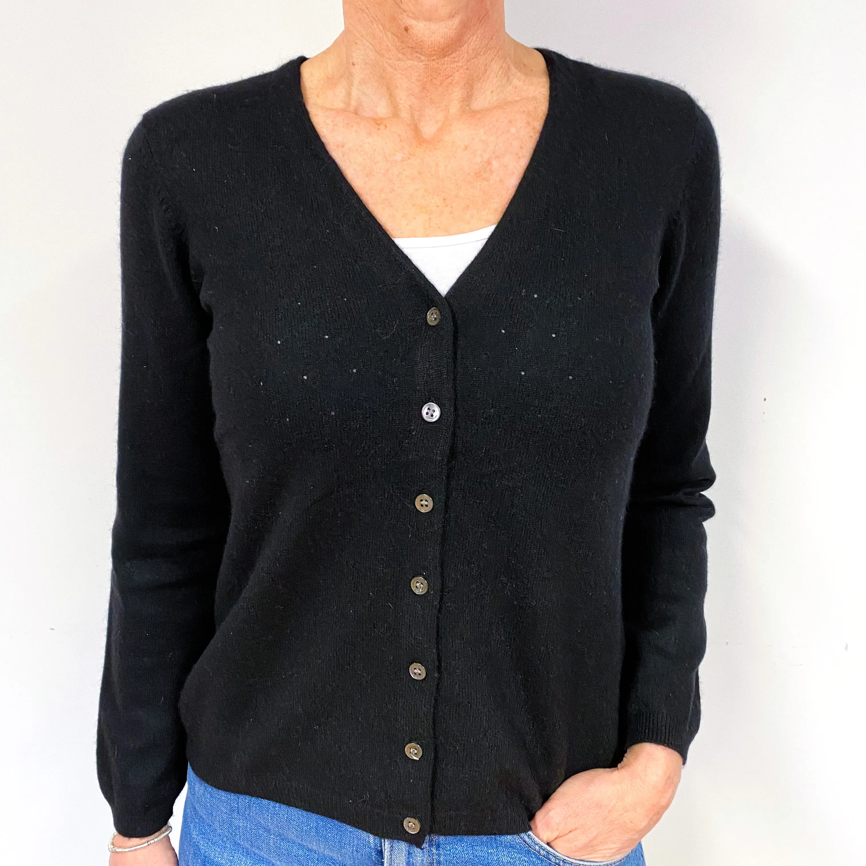 Black Pinhole Cashmere V-Neck Cardigan Medium