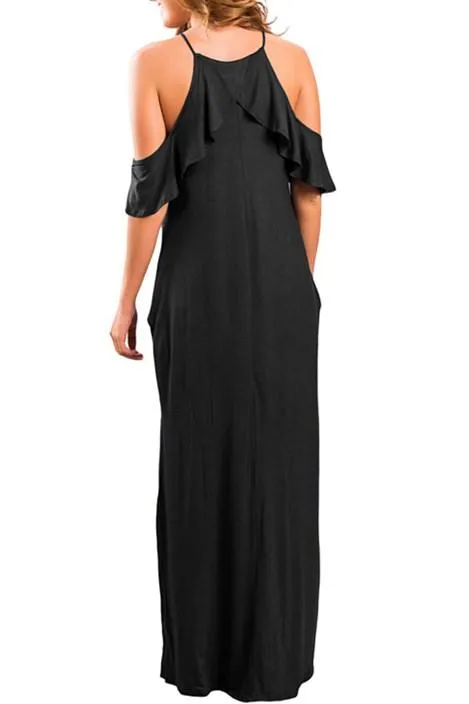Black Ruffle Sleeve Cold Shoulder Maxi Dress