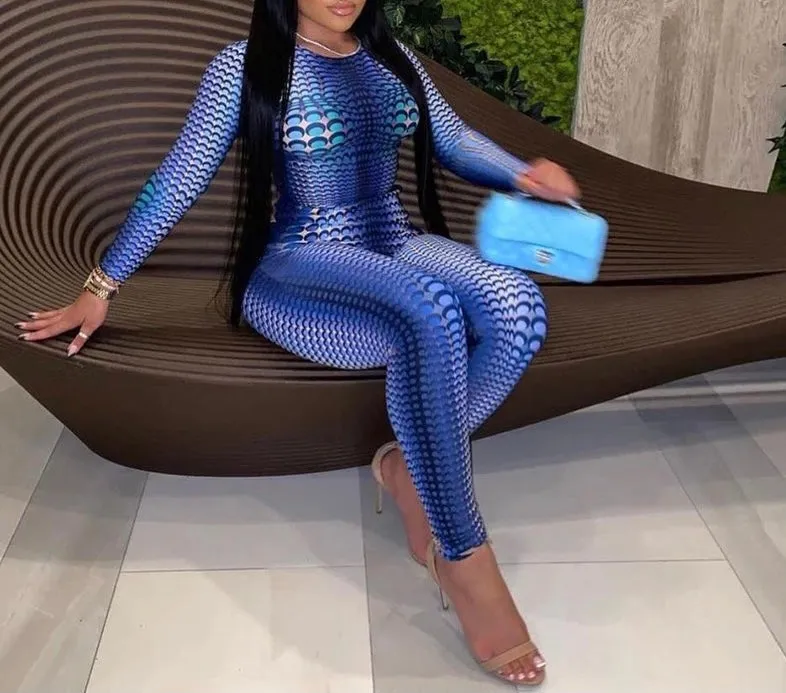 Blue mermaid print fashion jumpsuit