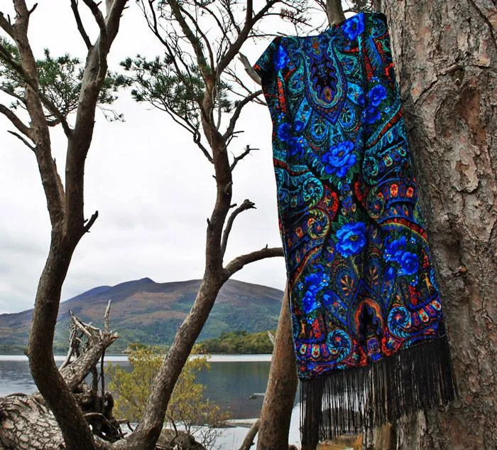 Blue Roses at the Circus, silk velvet scarf. BLUE TEAL back.