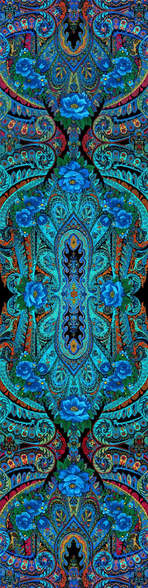 Blue Roses at the Circus, silk velvet scarf. BLUE TEAL back.