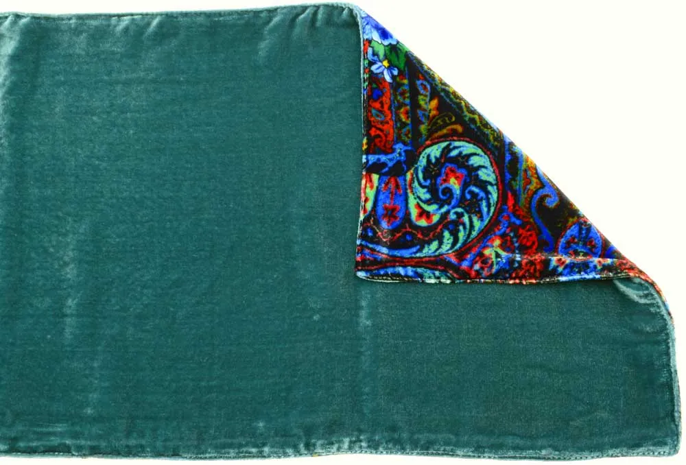 Blue Roses at the Circus, silk velvet scarf. BLUE TEAL back.