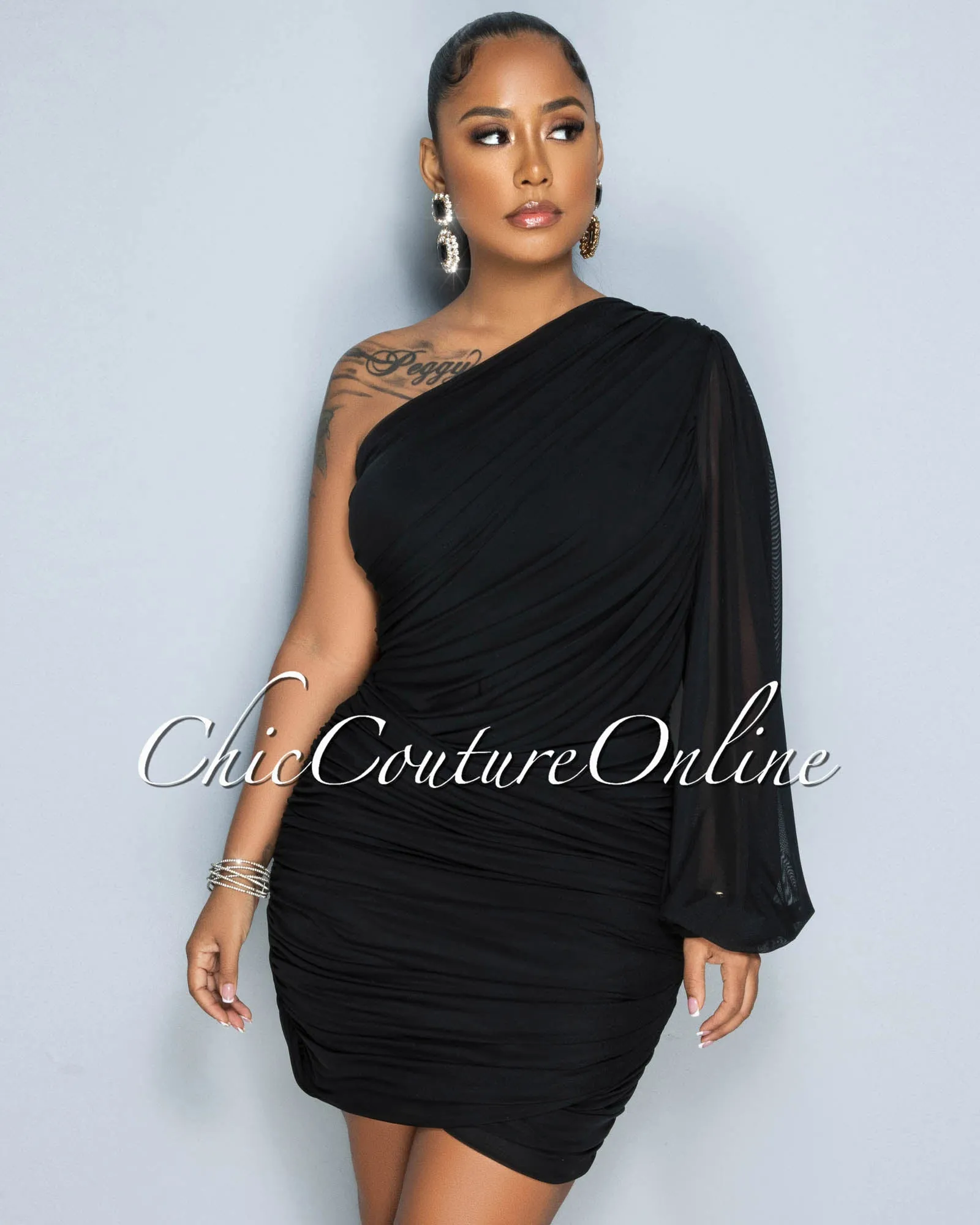 Carrey Black Single Long Mesh Sleeve Draped Dress