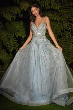 CD CD940 - Glitter Tulle A-Line Prom Gown with Spaghetti Strap V-Neck Bodice & Linear Platinum Beading