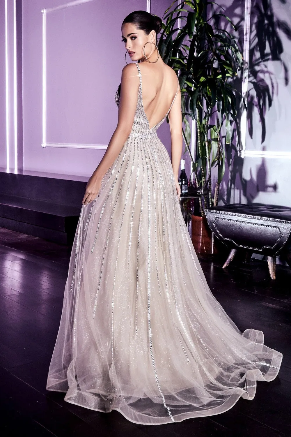 CD CD940 - Glitter Tulle A-Line Prom Gown with Spaghetti Strap V-Neck Bodice & Linear Platinum Beading