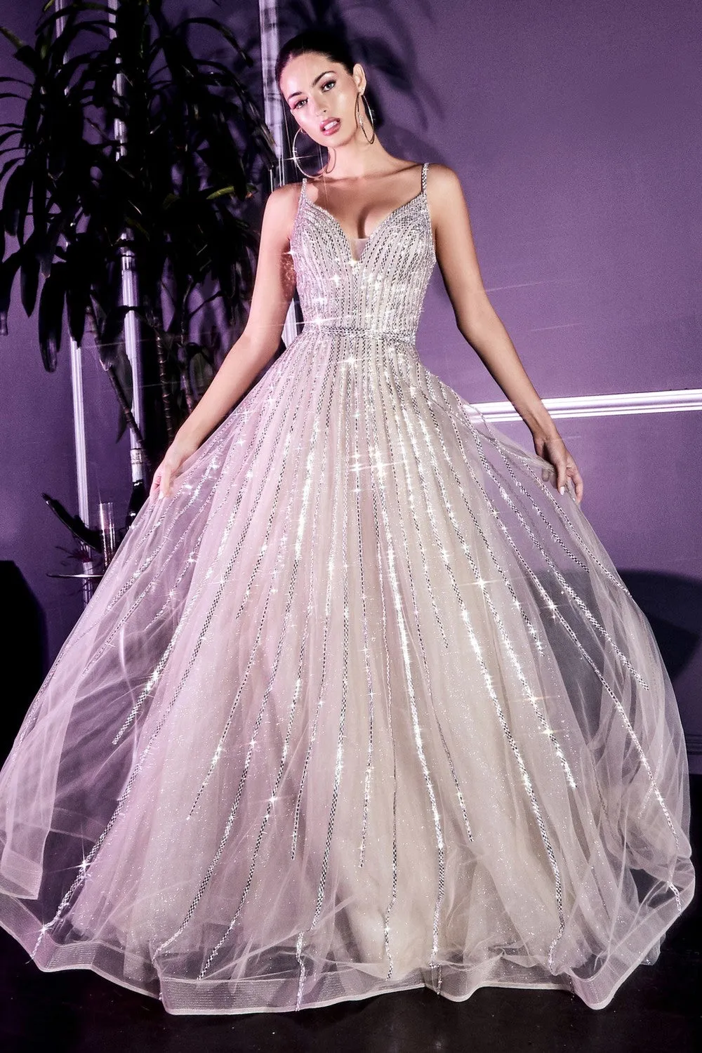 CD CD940 - Glitter Tulle A-Line Prom Gown with Spaghetti Strap V-Neck Bodice & Linear Platinum Beading