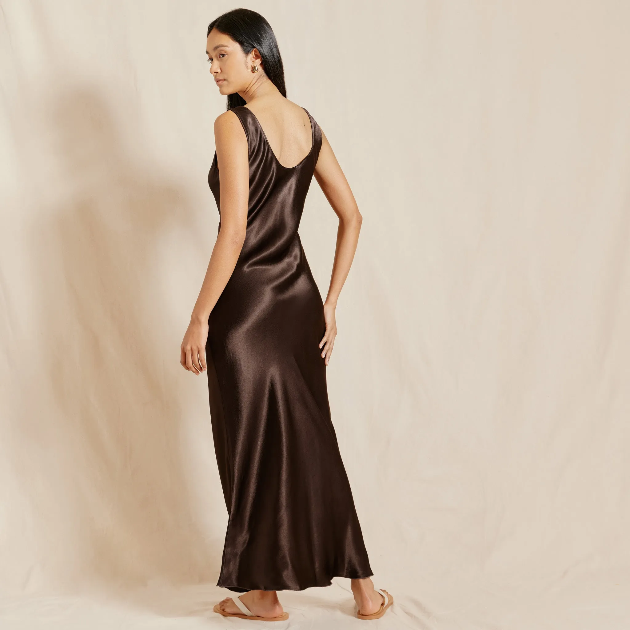 Chocolate Satin Scoop Neck Dress