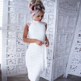 Classy High Neck Tie Waist White Lace Overlay Sheath Dress