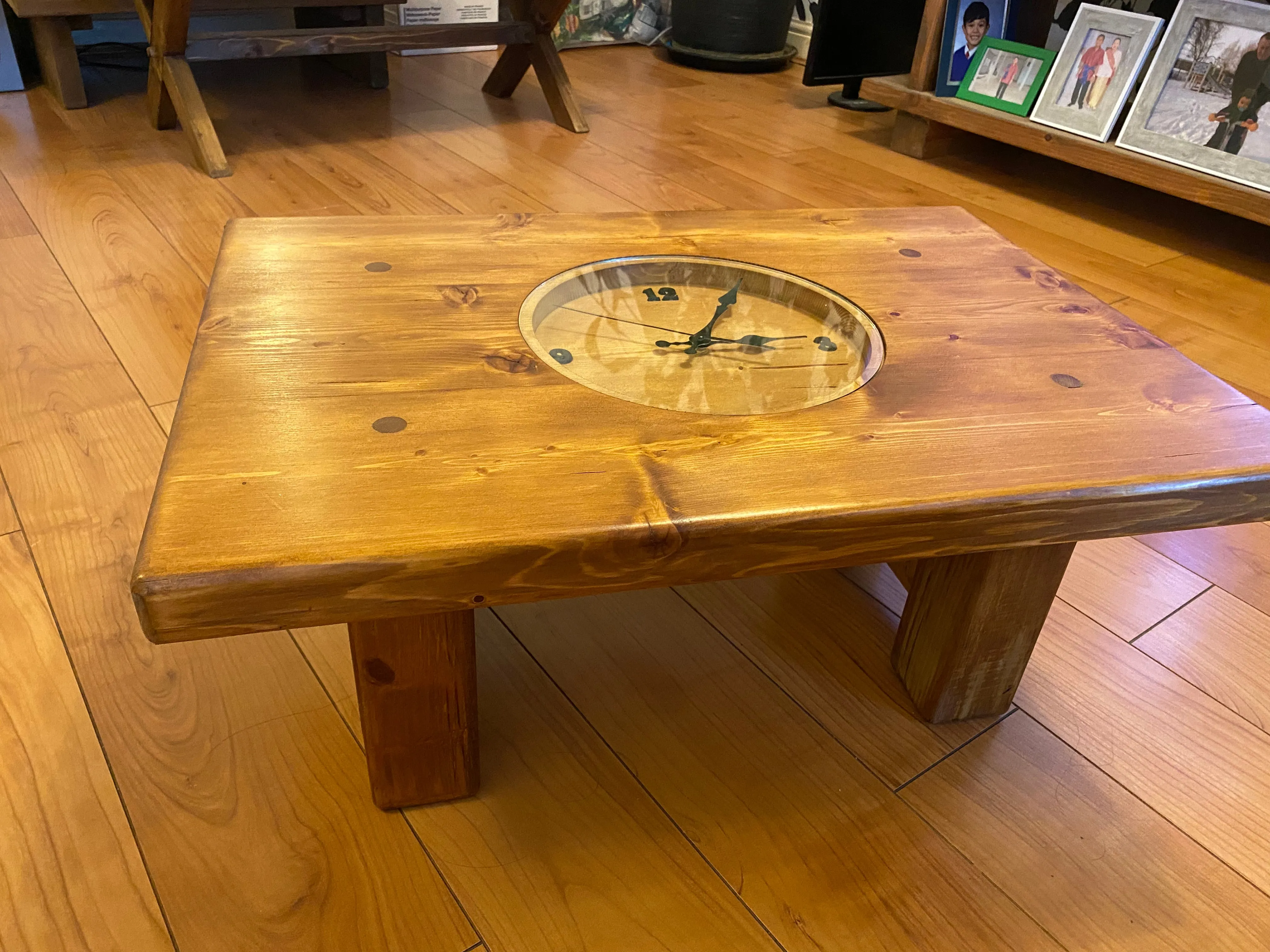Clock coffee table made from Chunky pine