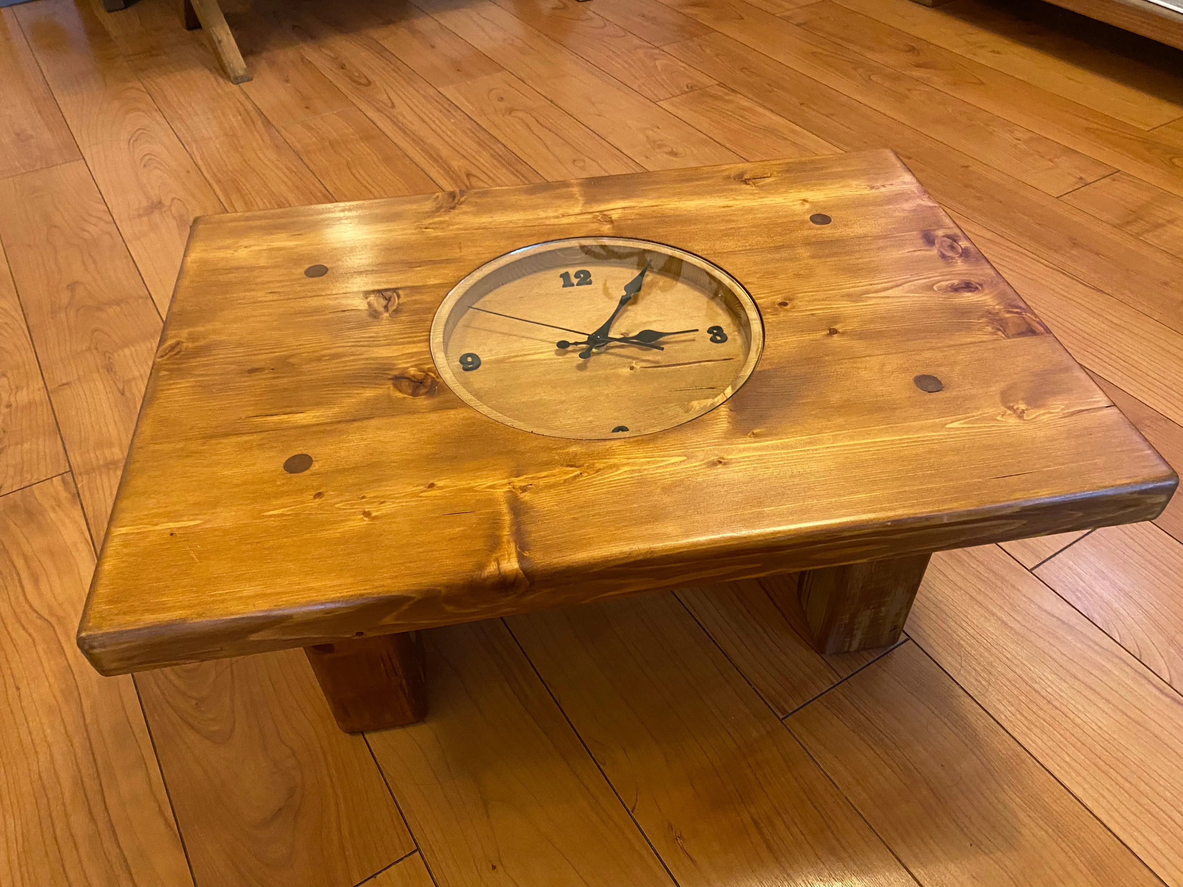 Clock coffee table made from Chunky pine