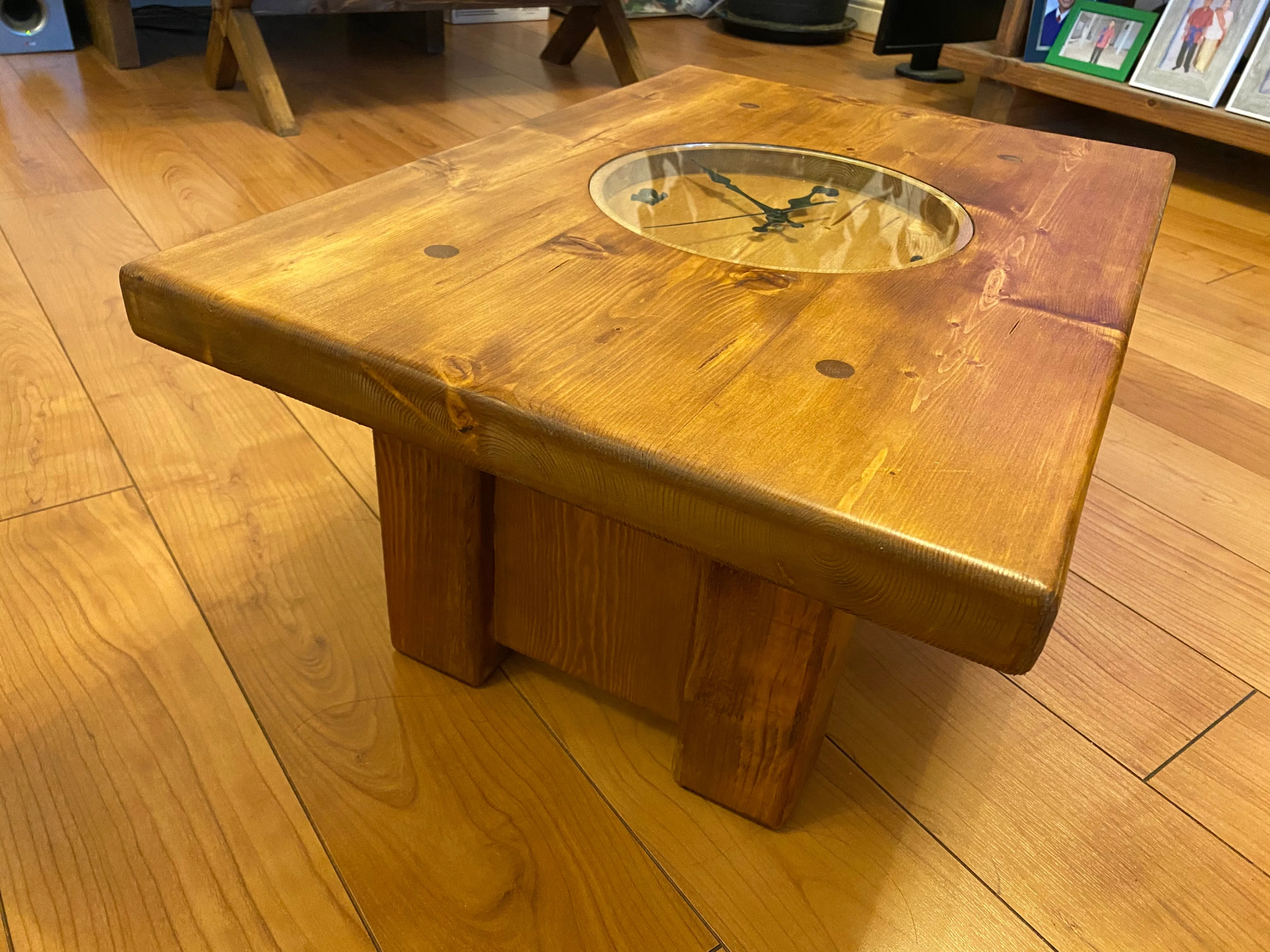 Clock coffee table made from Chunky pine