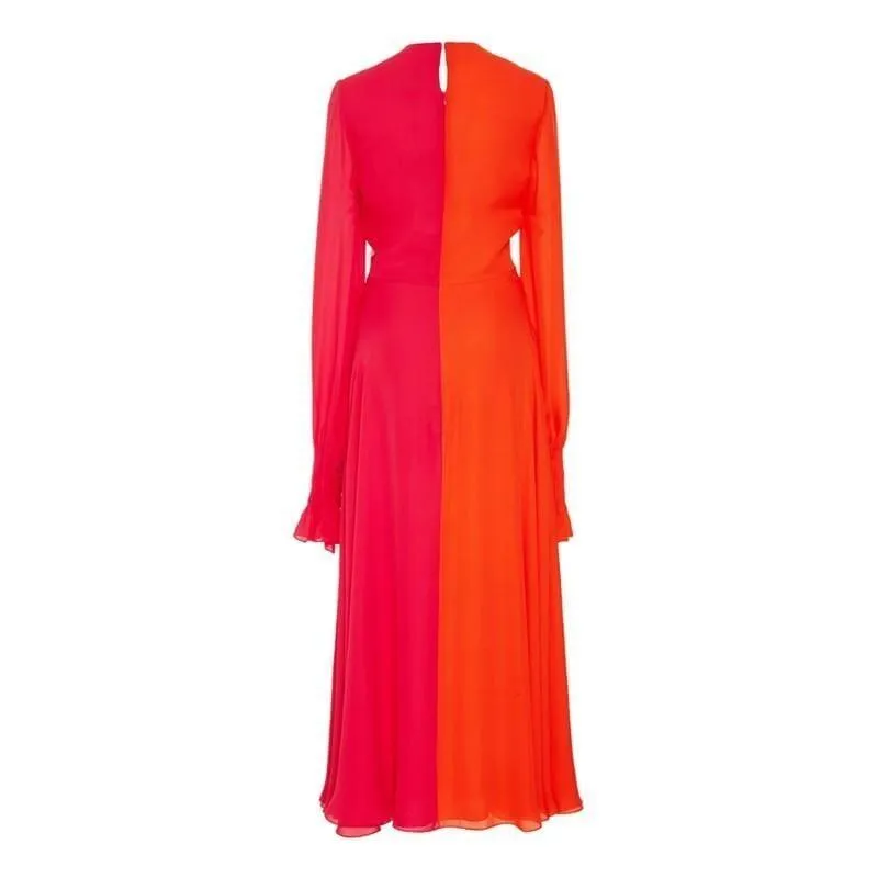 Colorblock Patchwork  V Neck Lantern Sleeve High Waist Cross Ankle Maxi Dress