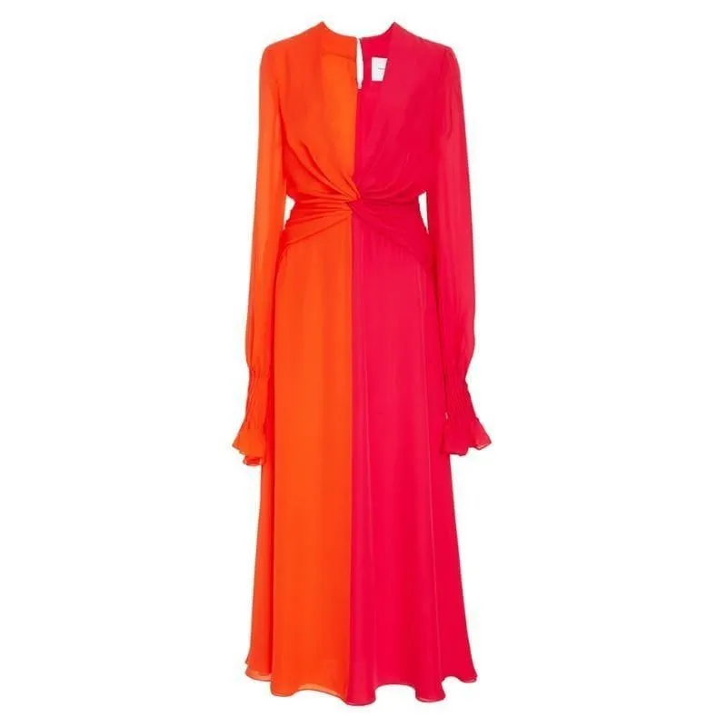 Colorblock Patchwork  V Neck Lantern Sleeve High Waist Cross Ankle Maxi Dress