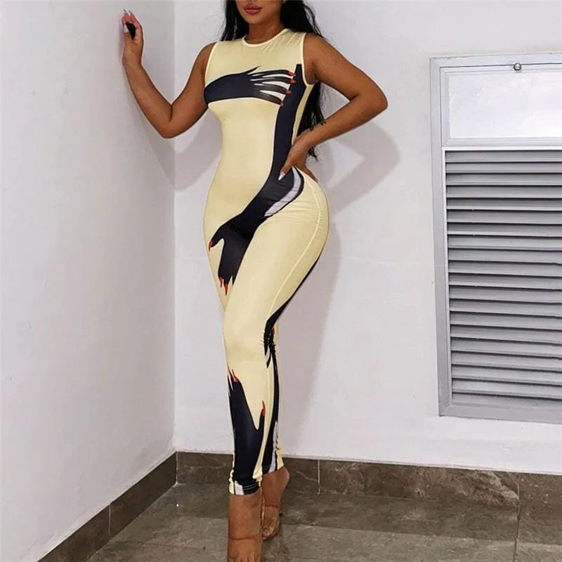 Cream Ladies Skin Tight Jumpsuit with Black Abstract Designs