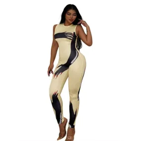 Cream Ladies Skin Tight Jumpsuit with Black Abstract Designs