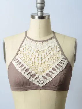 Crochet Lace High Neck Bralette - Mocha