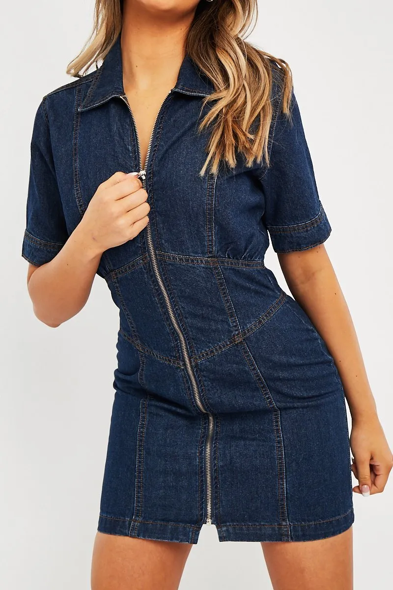 Dark Blue Zip Front Collar Denim Mini Dress - Esabella