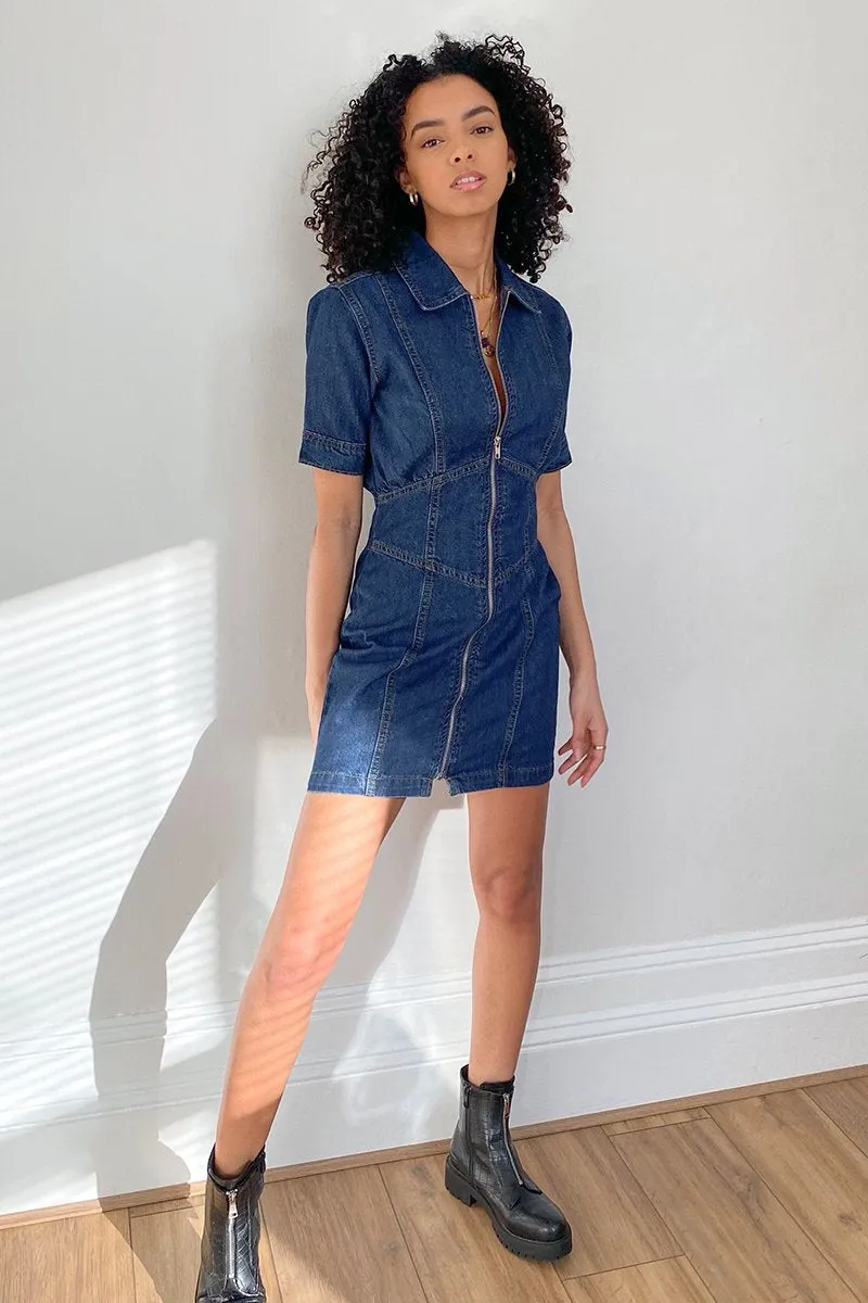 Dark Blue Zip Front Collar Denim Mini Dress - Esabella