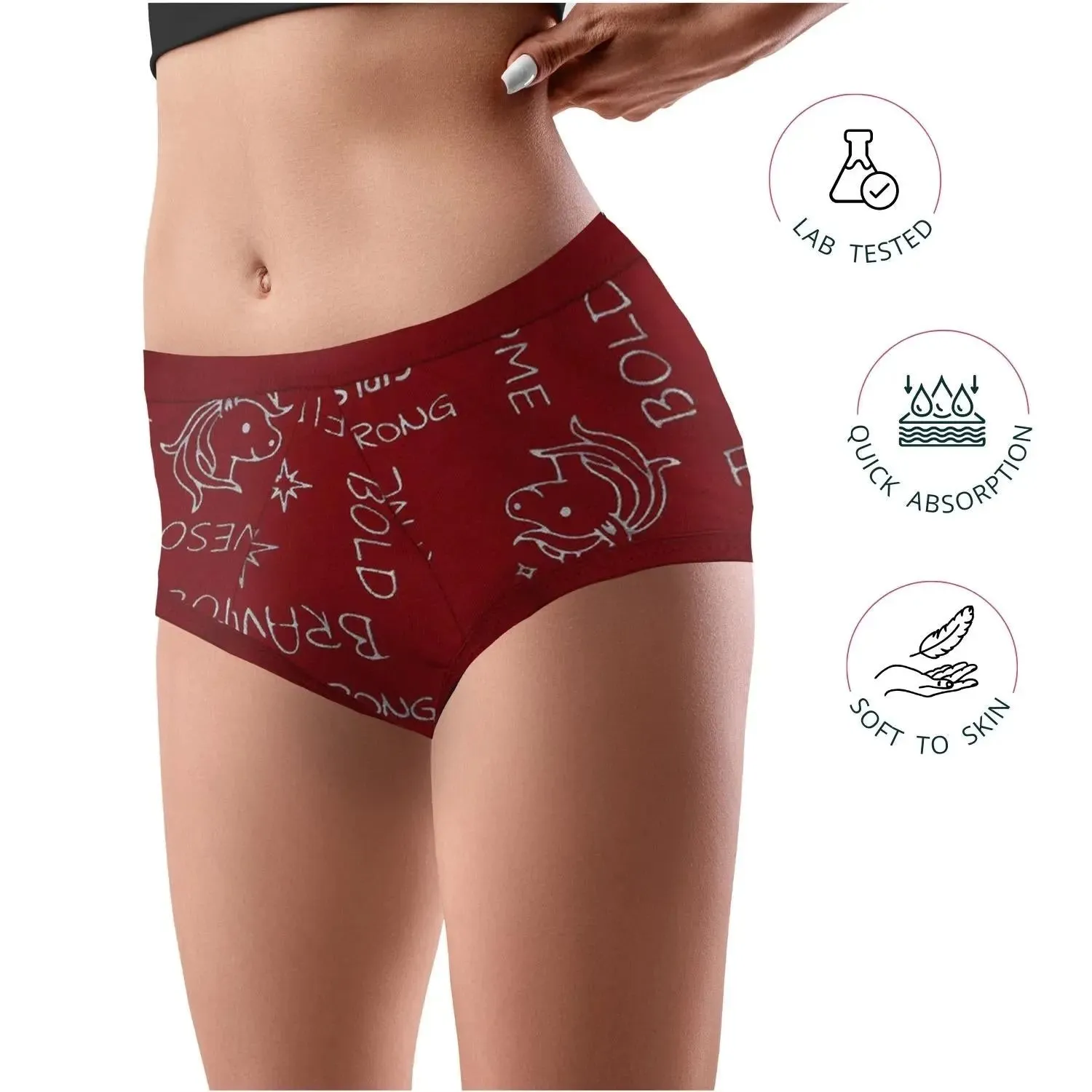 D'chica Maroon Unicorn Print Eco-Friendly Anti-Microbial Lining Period Panties – No Pad Required