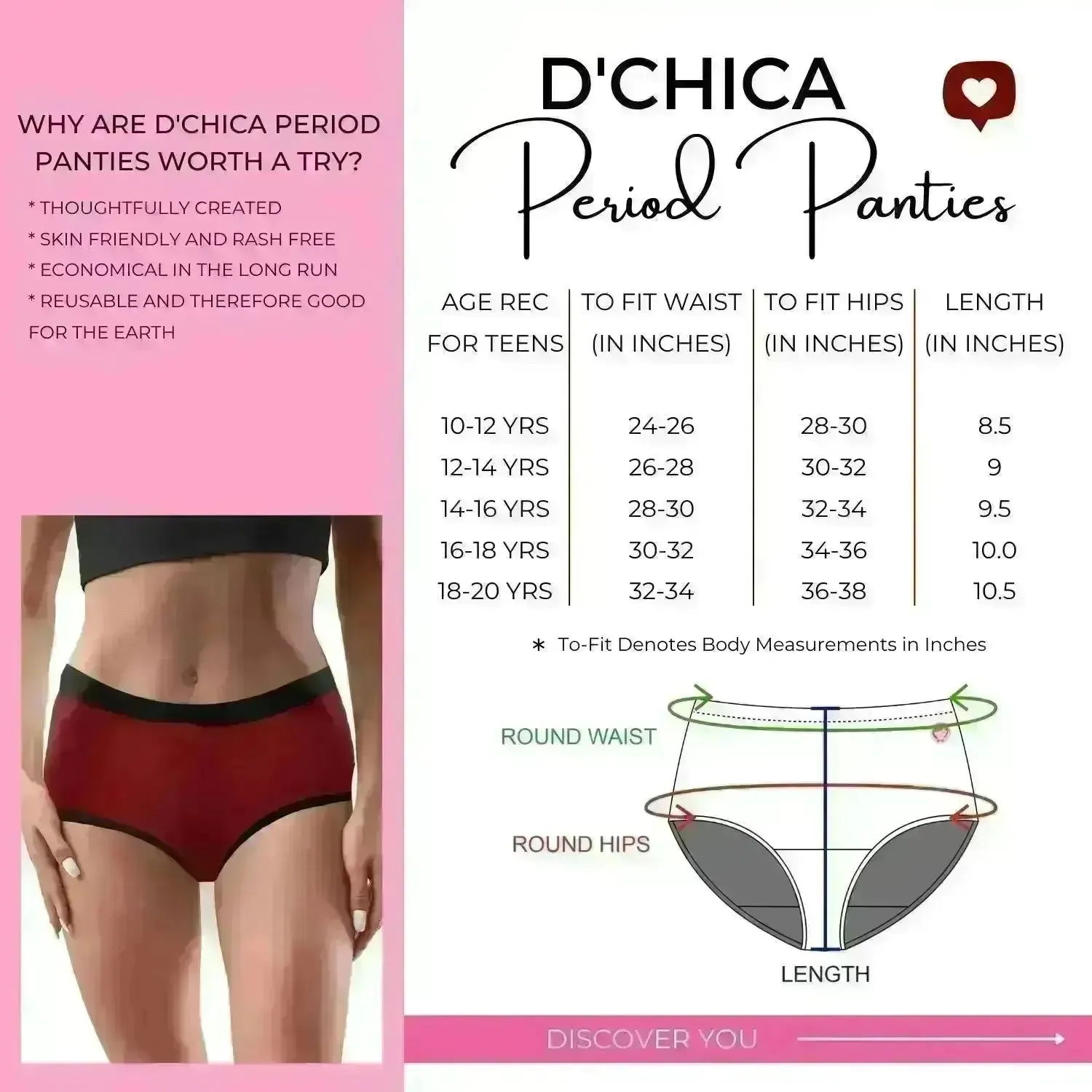 D'chica Maroon Unicorn Print Eco-Friendly Anti-Microbial Lining Period Panties – No Pad Required